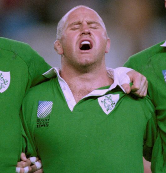 Gary Halpin sings the Irish anthem before the Rugby World Cup game against New Zealand in 1995