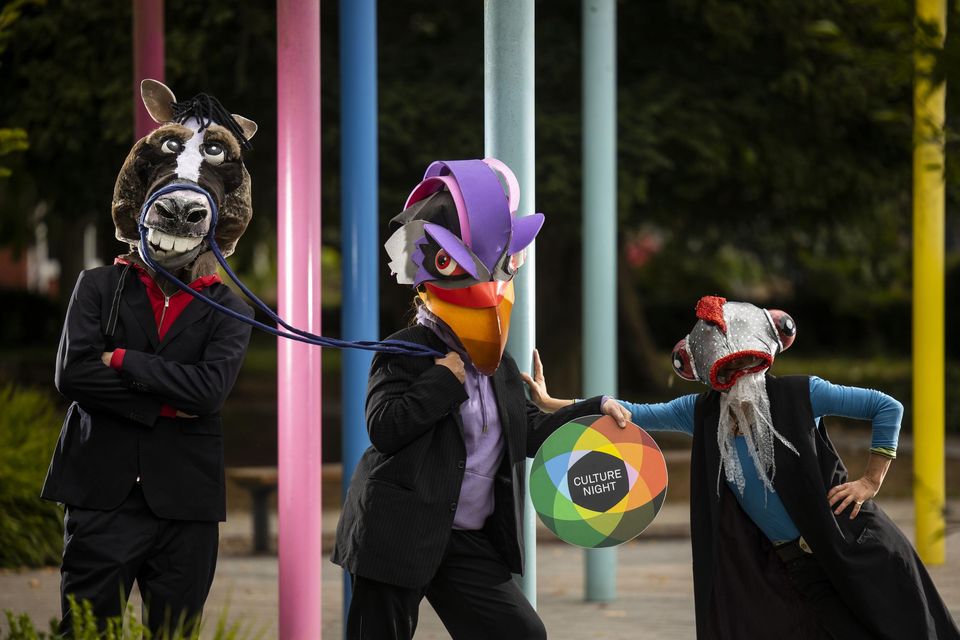 At Fitzgerald's Park launching the Cork City Culture Night programme of events for 2021 are (L to R) performers from Cork Puppetry Company, Alex Hindmarsh as the Horse, Noelle O'Regan as the Eagle, and Natasha Bourke as the Fish. Photo: Cathal Noonan