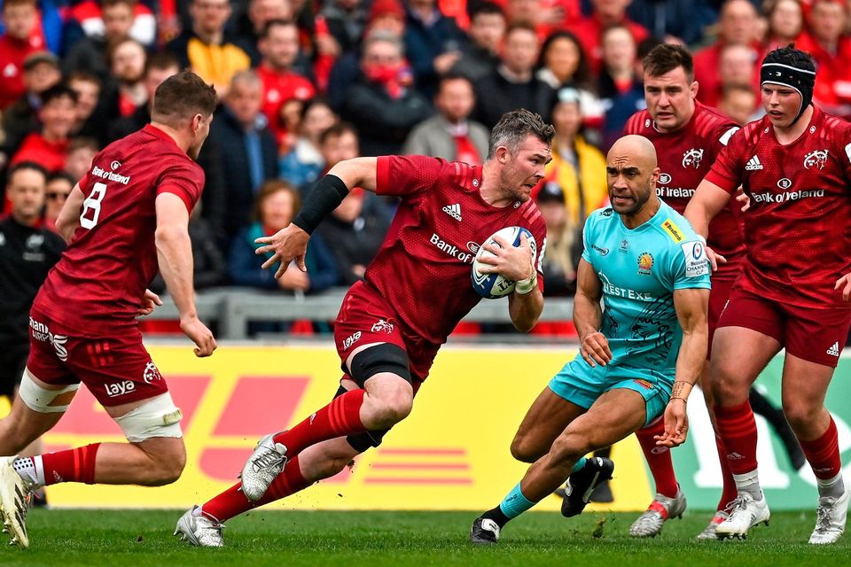 Peter O'Mahony on the charge for Munster during the Champions Cup clash with Exeter at Thomond Park. Photo: Sportsfile