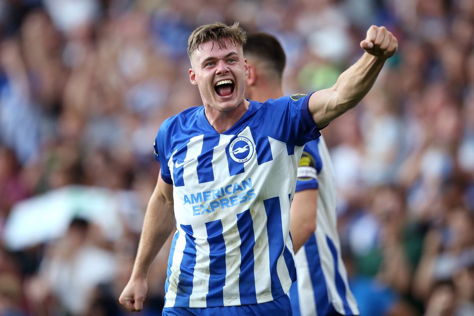 BRIGHTON, ENGLAND - SEPTEMBER 02: Evan Ferguson of Brighton & Hove Albion celebrates after scoring the team's second goal during the Premier League match between Brighton & Hove Albion and Newcastle United at American Express Community Stadium on September 02, 2023 in Brighton, England. (Photo by Steve Bardens/Getty Images)