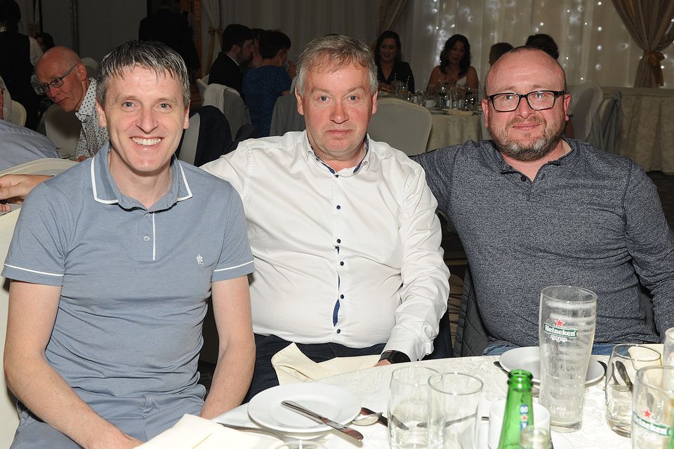 Damien Challonder, Tommy Kavanagh and John Bermingham were at the Gorey Community School's teachers retirement function in the Amber Springs on Friday evening. Pic: Jim Campbell