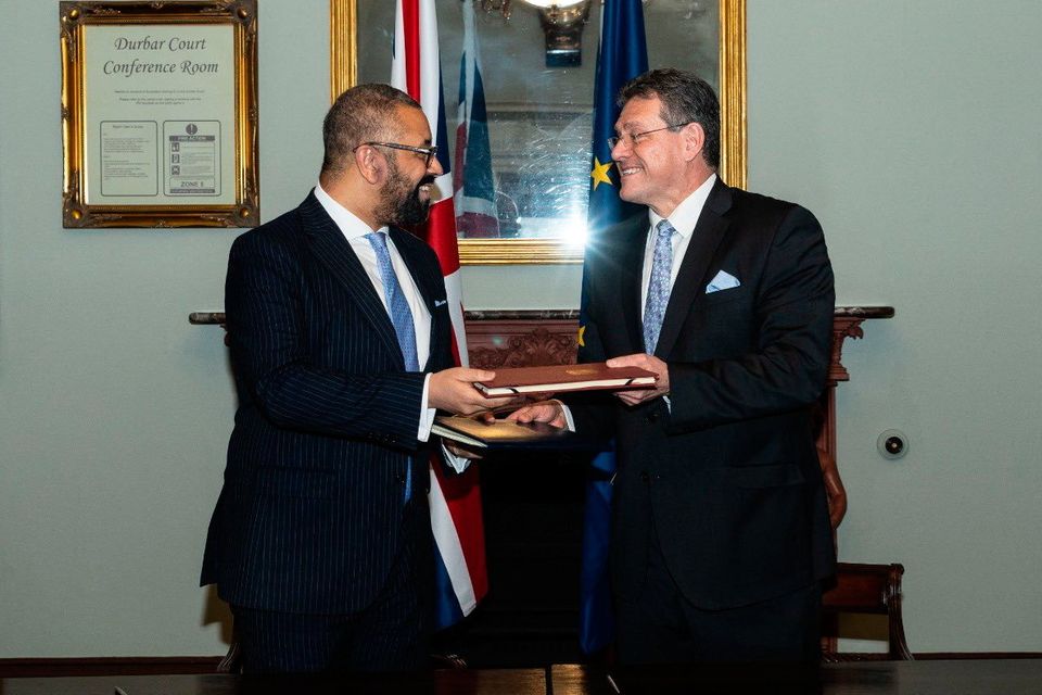 British Foreign Secretary James Cleverly and the European Commission's Maros Sefcovic adopting the Windsor Framework this morning in London