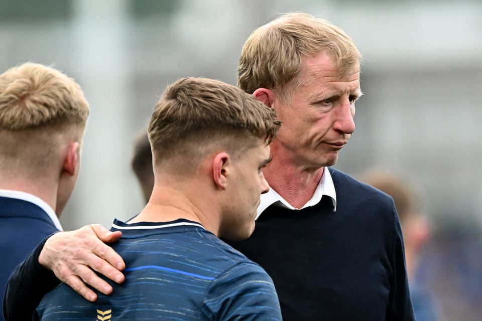 Leinster head coach Leo Cullen, right, and Garry Ringrose of Leinster after the Heineken Champions Cup final defeat to La Rochelle at Aviva Stadium in Dublin. (Photo: Ramsey Cardy/Sportsfile)