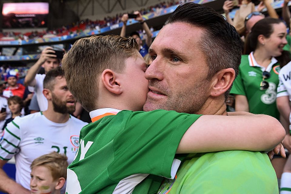 Lyon , France - 26 June 2016; Robbie Keane of Republic of Ireland with his son Robert after the UEFA Euro 2016 Round of 16 match between France and Republic of Ireland at Stade des Lumieres in Lyon, France. (Photo By David Maher/Sportsfile via Getty Images)