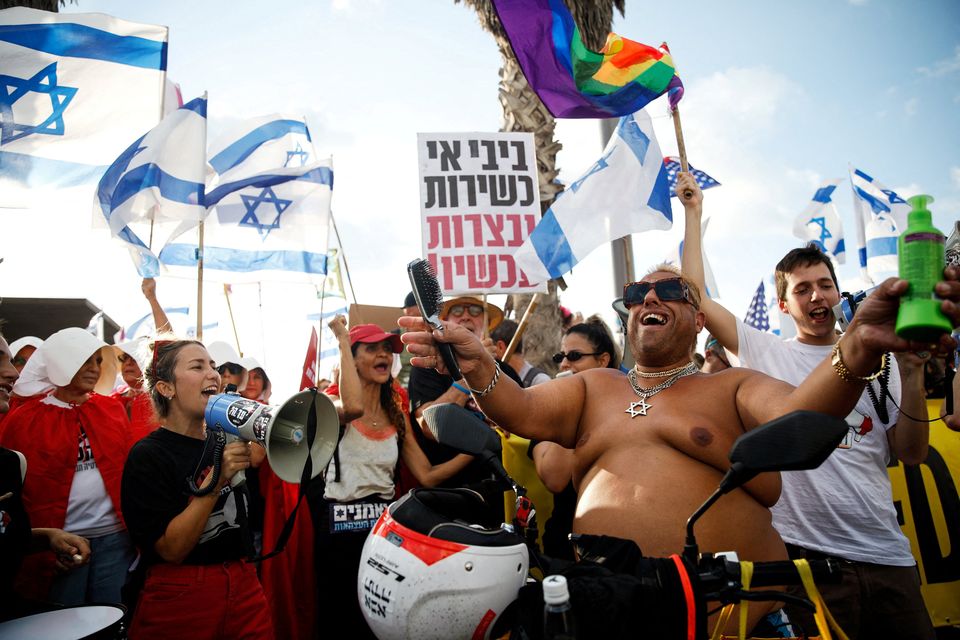 People in Tel Aviv attend a demonstration against Israel’s nationalist coalition government’s judicial overhaul. Photo: Reuters