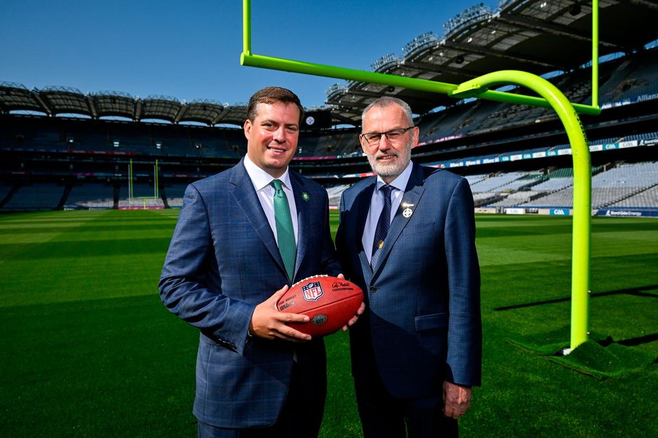 The Pittsburgh Steelers made a return to Croke Park today, where they played in the first ever NFL game in Ireland in 1997. Pictured are Pittsburgh Steelers Director of Business Development & Strategy Daniel Rooney, left, GAA president Larry McCarthy. Photo: Brendan Moran/Sportsfile