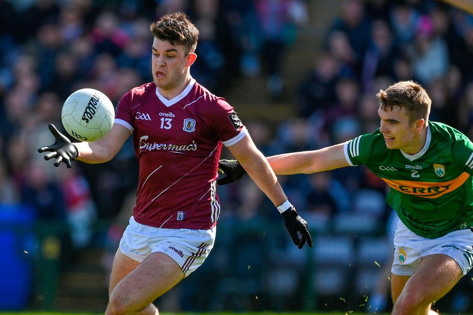 26 March 2023; Tomo Culhane of Galway in action against Dylan Casey of Kerry during the Allianz Football League Division 1 match at Pearse Stadium in Galway. Photo by Brendan Moran/Sportsfile