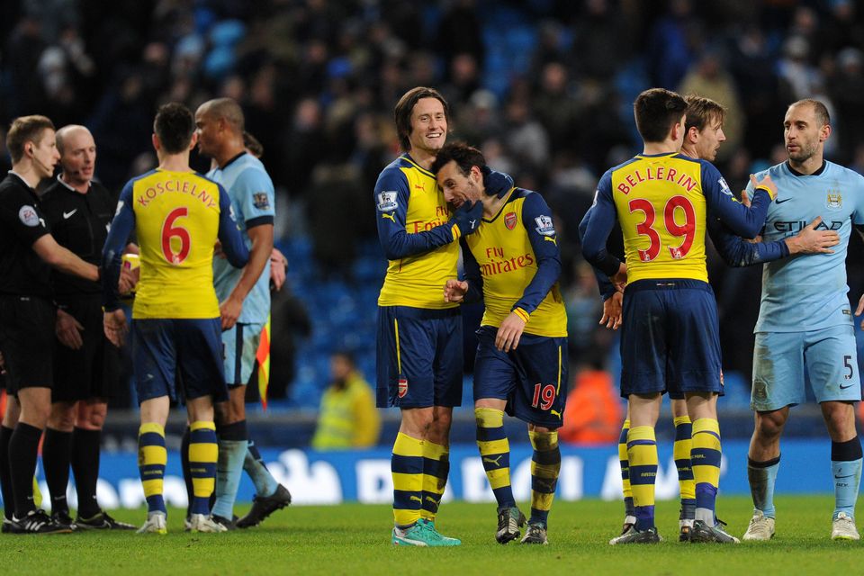 Arsenal player celebrate their victory over Manchester City