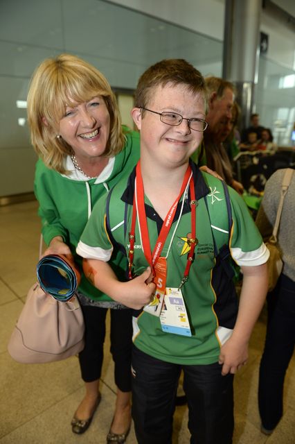 Team Ireland's Darren Breen arrives home from the Special Olympics European Games with mother Mary Breen from Malahide. Photo: Bryan Meade.