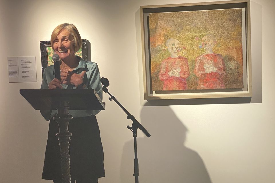 Jane Clarke speaking at the launch of the ‘Roots – a dialogue in textile and poetry’ exhibition in Dublin  Castle.