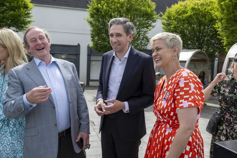 Enda Kenny, Taoiseach Simon Harris and Maria Walsh canvassing in Co Mayo