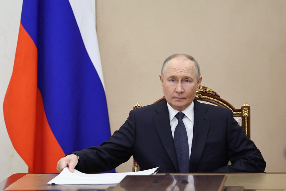 Russia's President Vladimir Putin chairs a meeting with senior officials to discuss the upcoming peace talks with Ukraine in Moscow, Russia May 14, 2025. Sputnik/Alexander Kazakov/Pool via REUTERS ATTENTION EDITORS - THIS IMAGE WAS PROVIDED BY A THIRD PARTY.