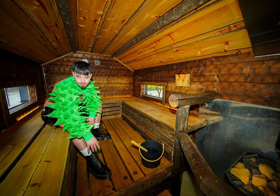 Finland’s Kaarija in his mobile sauna outside the M&S Bank Arena in Liverpool (Peter Byrne/PA)