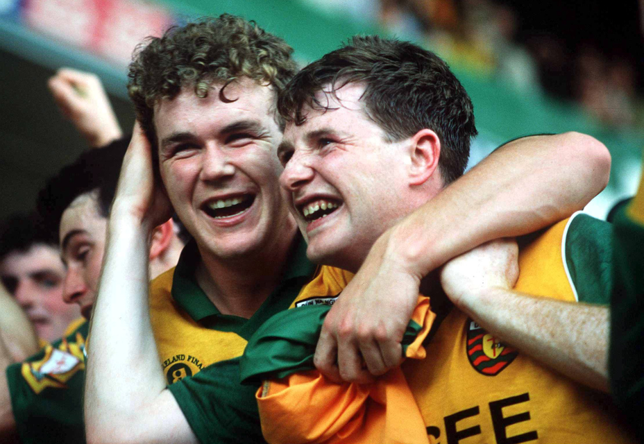 Tony Boyle and Tommy Ryan celebrate Donegal’s first All-Ireland in 1992
