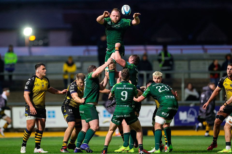 Joe Joyce of Connacht wins a line out during the URC match against Dragonsat Rodney Parade in Newport, Wales. Photo: Chris Fairweather/Sportsfile