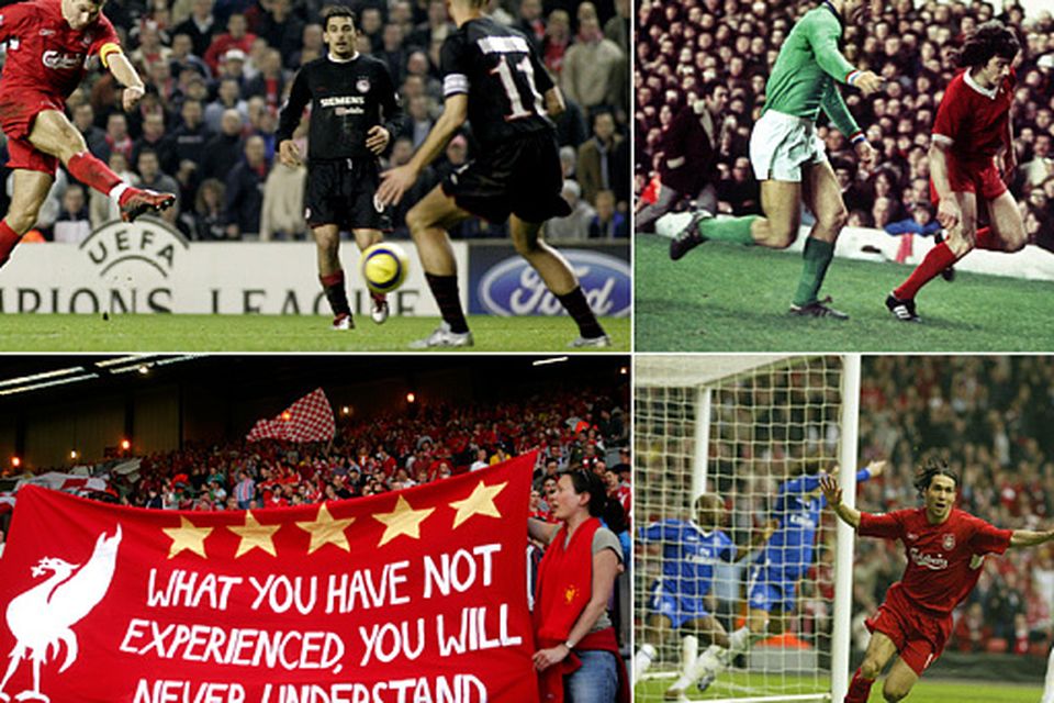 Great Anfield nights (Clockwise from top left): v Olympiakos in 2004; v St Etienne in 1977; v Chelsea in 2005; the flags come out on European nights