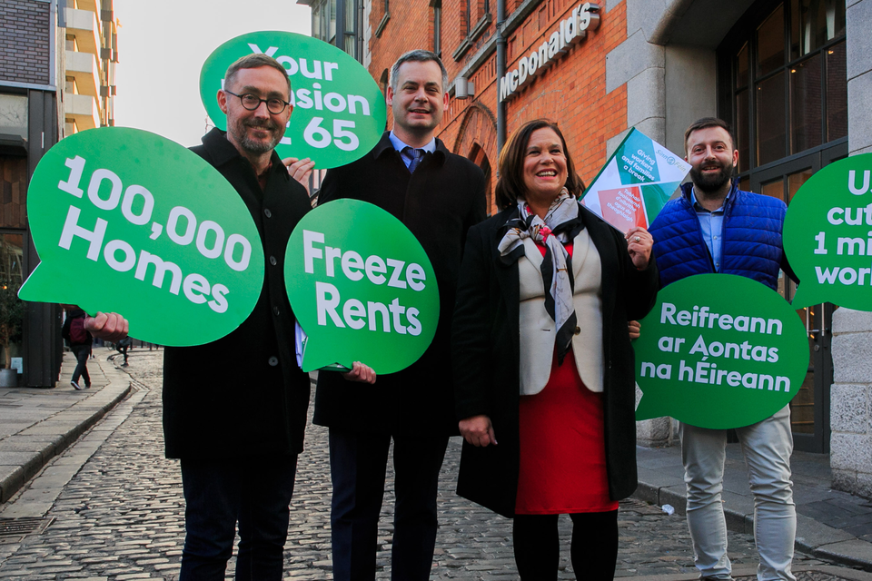 Promises: Housing spokesperson Eoin Ó Broin, finance spokesperson Pearse Doherty, president Mary Lou McDonald and Shane O’Brien, candidate for Dún Laoghaire, at the launch of Sinn Féin’s General Election manifesto at the Temple Bar Gallery and Studios in Dublin. Photo: Collins