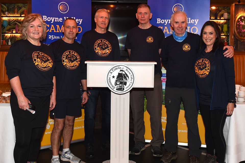 Aine Walsh, David Gough, Dusty Flanagan, PatCoffey, Terry Collins and Caoimhe Mulroy at the launch of the new Boyne Valley Camino walk signs in The Marcy Hotel. Photo: Colin Bell Photography