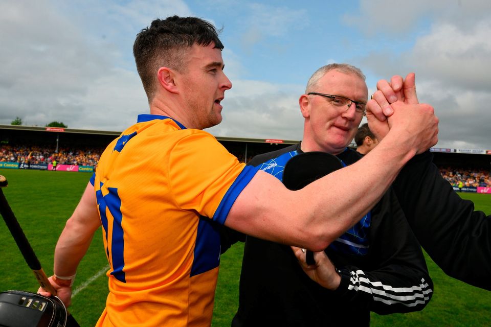 Clare star Tony Kelly and manager Brian Lohan celebrate a big win in Ennis. Photo: Sportsfile
