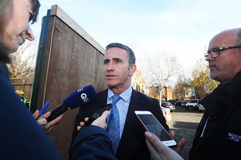 Minister of State Damien English TD speaking to reporters at the sod turning of new social housing in Dublin 8. Photo: Leah Farrell/RollingNews.ie