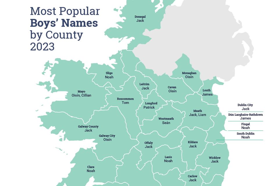 The most popular boys' names by county in 2023. Image: CSO