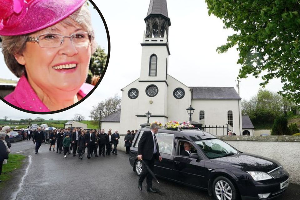 Funeral mass for Julia McSorley (inset) at St Eugene’s Church, Glenock, Co Tyrone