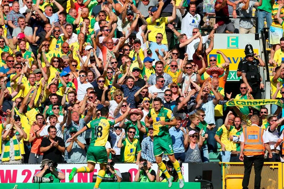 Norwich City's Russell Martin celebrates scoring the equaliser against Stoke City at Carrow Road