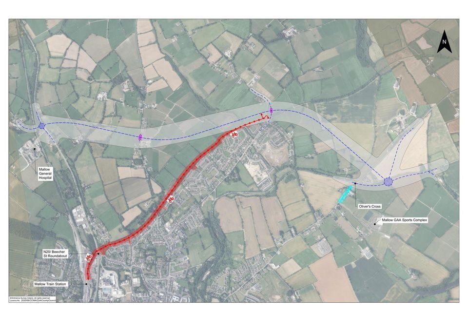 The dotted blue line represents the selected preferred route for the Mallow Relief Road and the red line marks the proposed route of the ‘active travel’ walkway and cycle path.