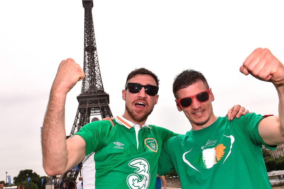 Brothers Stephen, left and Ian Burke, from Marino, Dublin at the Eiffel Tower in Paris