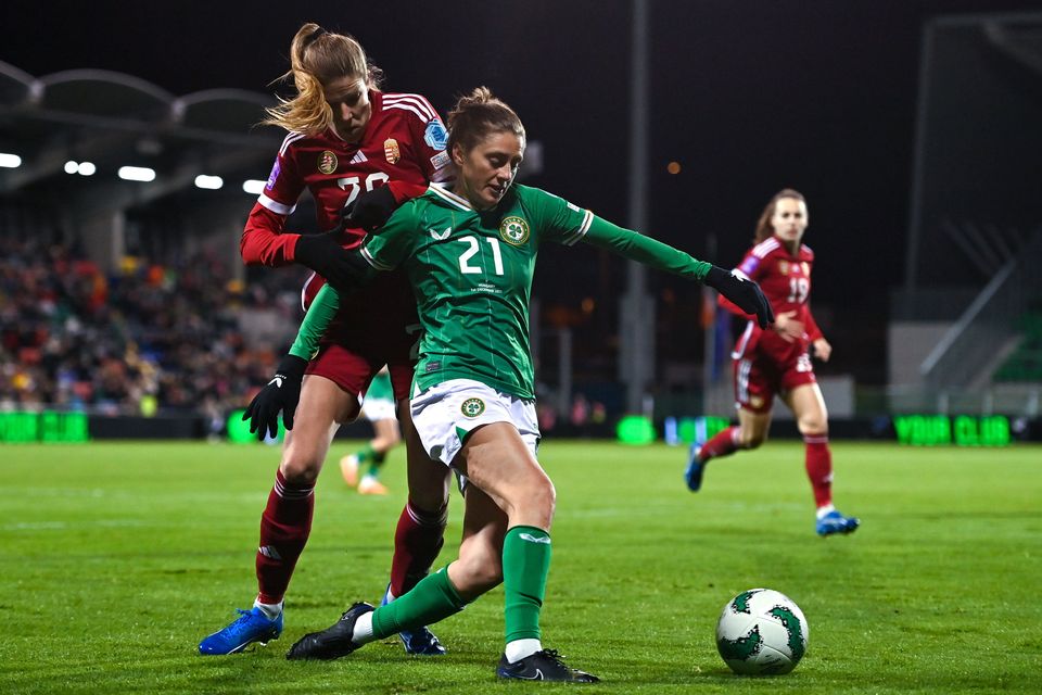 Sinead Farrelly in action for Ireland against Hungary.