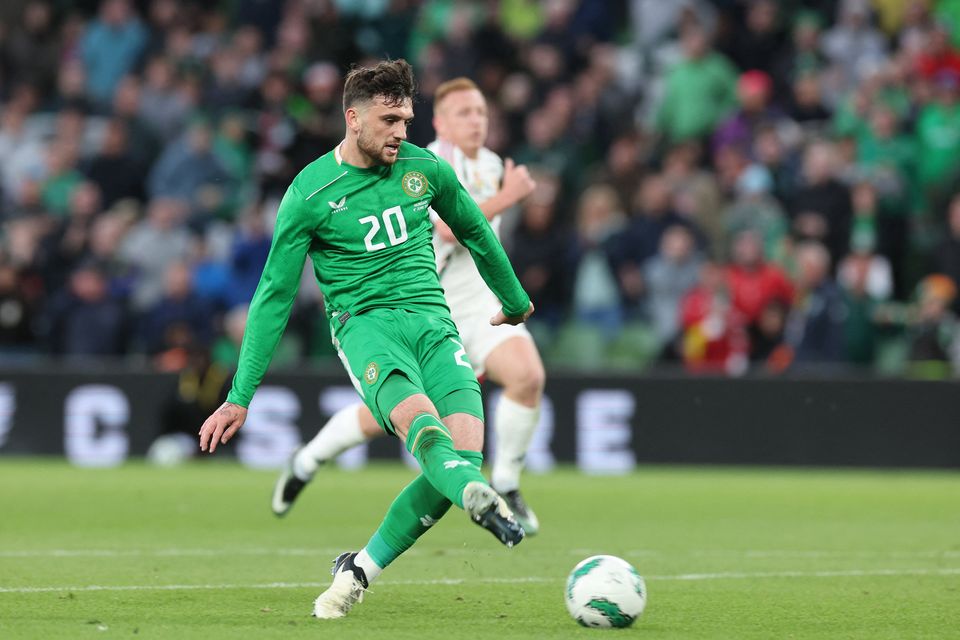 Ireland's Troy Parrott scores the winning goal in the friendly against Hungary at the Aviva Stadium, Dublin