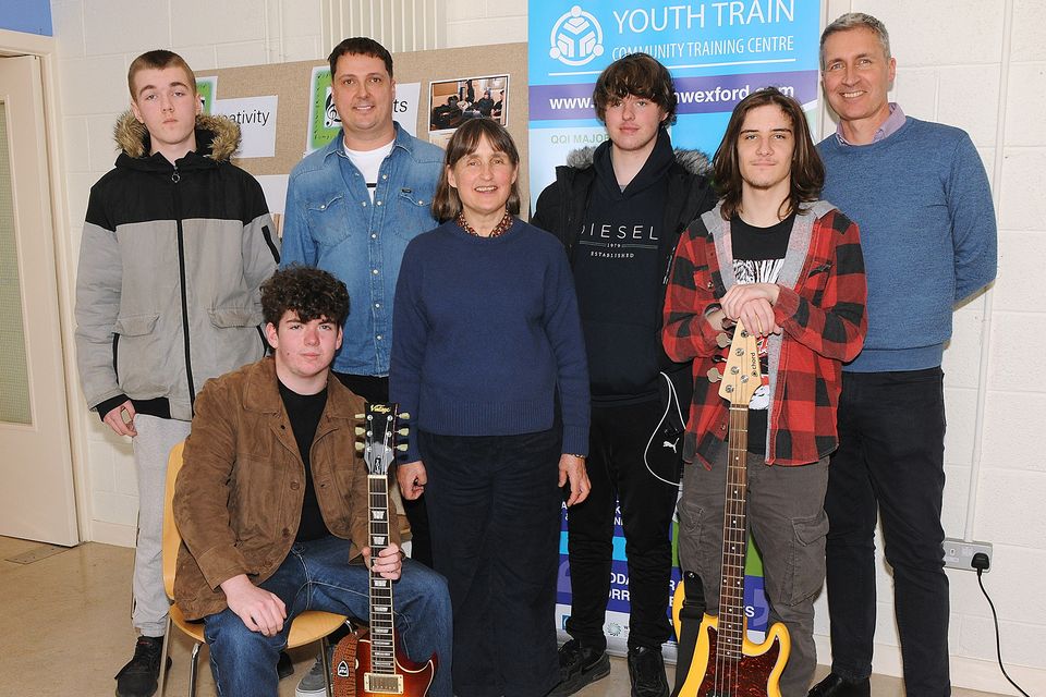 The band Trained Youth launch recordings of 'Heaven Can Wait' and 'Mountain Top' at Youth Train on Thursday. Pictured are James McCauley, Even Keely, Aaron Berry, Janet Whitney, Vincent Fitzgerald, Billy White, Paul O'Brien. Pic: Jim Campbell
