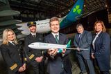 thumbnail: Pictured at the Aer Lingus brand reveal in front of an Airbus A330 freshly painted in the new aircraft livery was from left First Officer Laura Bennett;First Officer Niall McCauley;Sean Doyle, Aer Lingus Chief Executive; Mike Rutter, Aer Lingus Chief Operating Officer;and Dara McMahon, Aer Lingus Director of Marketing. Pic:Naoise Culhane