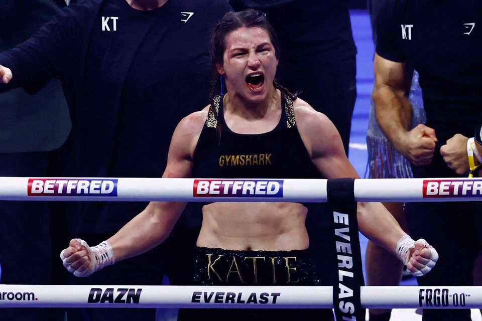 Katie Taylor celebrates winning her fight against Chantelle Cameron. Pic: REUTERS/Clodagh Kilcoyne
