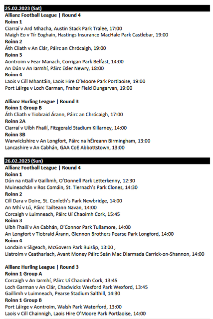2023 GAA National Football League Division 1 table, fixtures