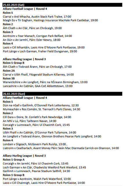 2023 National Hurling League: Division 1A and 1B tables, fixtures, throw-in  times and results