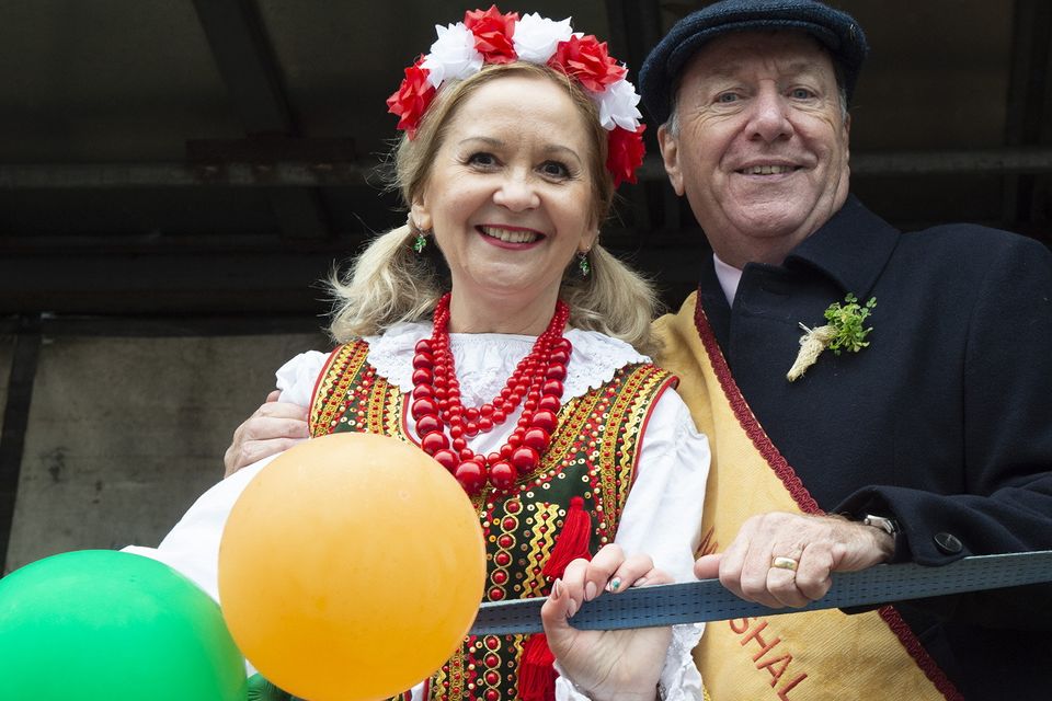 Anna Sochanska, Ambassador to Ireland of Poland and Grand Marshall, Sean Halford during the St Patrick's Day parade in Gorey.