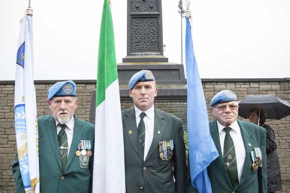 From Left: Paddy Corrigan, Des O'Dowd & Cormac Becton from Post 21 Irish UN Veterans association, at the Armistice day of remembrance in Bray 
Picture by Fergal Phillips.