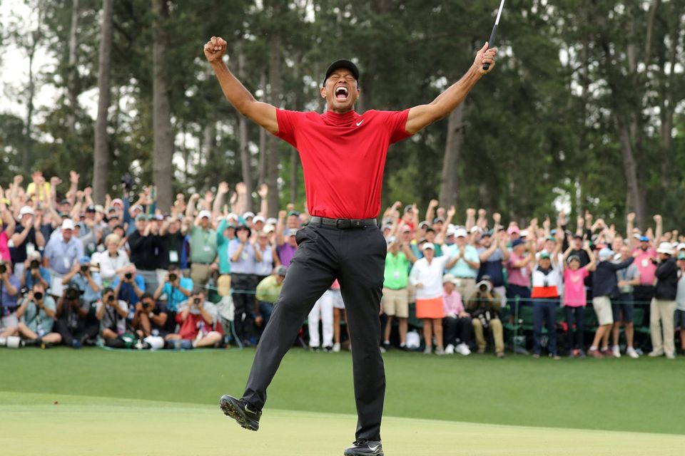 MAGIC: Tiger Woods celebrates on the 18th hole to win the 2019 Masters. Pic: Reuters/Lucy Nicholson/File Photo