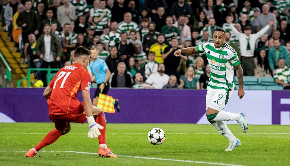 Adam Idah scores Celtic's fifth goal.