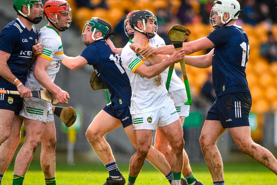 Offaly and Kerry players tussle during the Allianz Hurling League Division 2A semi-final at Glenisk O'Connor Park in Tullamore, Offaly. Photo: Matt Browne/Sportsfile