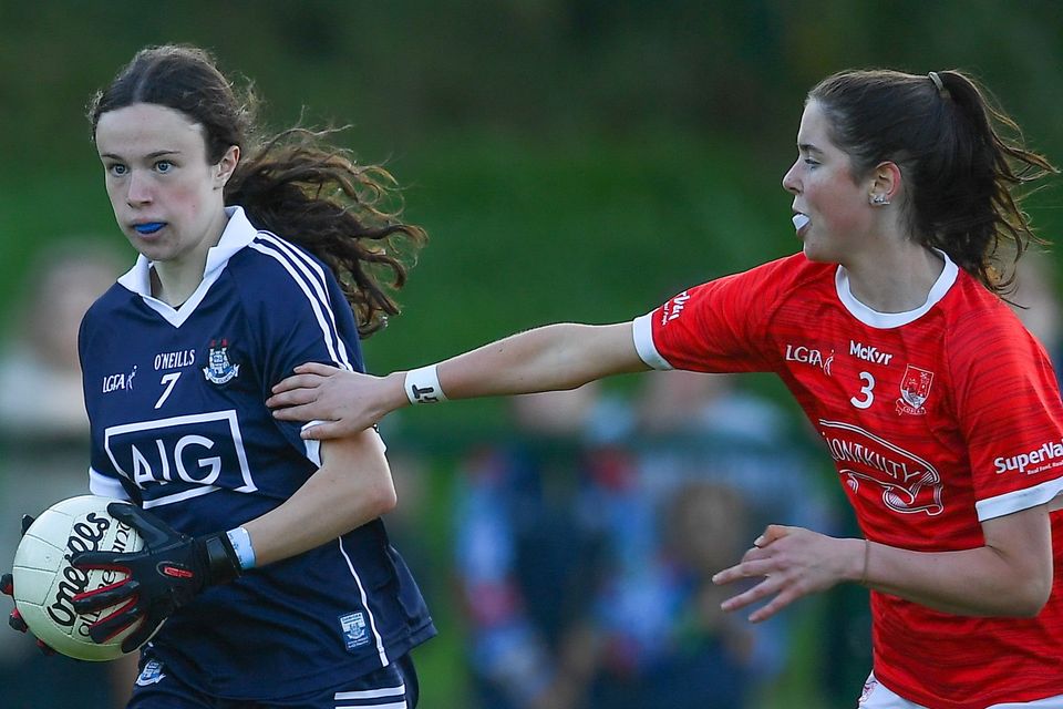 Ellen Joyce of Dublin in action against Grace Cronin of Cork during the All-Ireland U16 A Final at Cahir GAA Club. Photo: Sportsfile