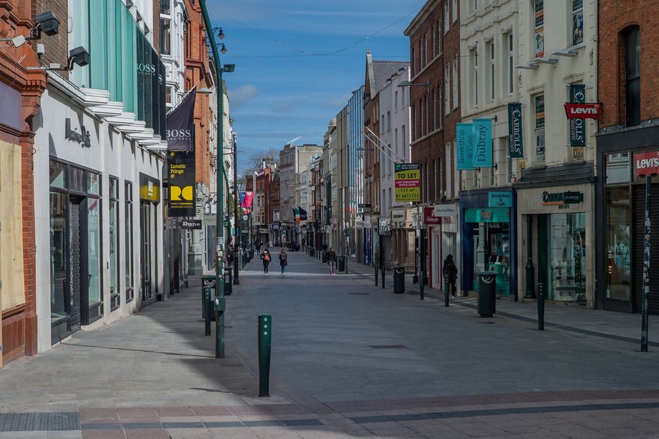 An empty Grafton Street in Dublin in April. Photo: Douglas O'Connor