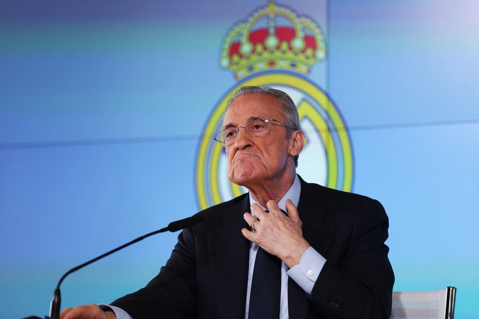 Real Madrid president Florentino Perez holds press conference. REUTERS/Violeta Santos Moura