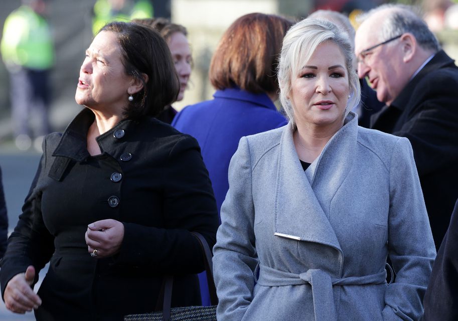 Sinn Féin leader Mary Lou McDonald and Northern Ireland First Minister Michelle O'Neill arrive at St Peter and Paul's Church in Dunboyne for John Bruton's funeral mass. Picture by Gerry Mooney
