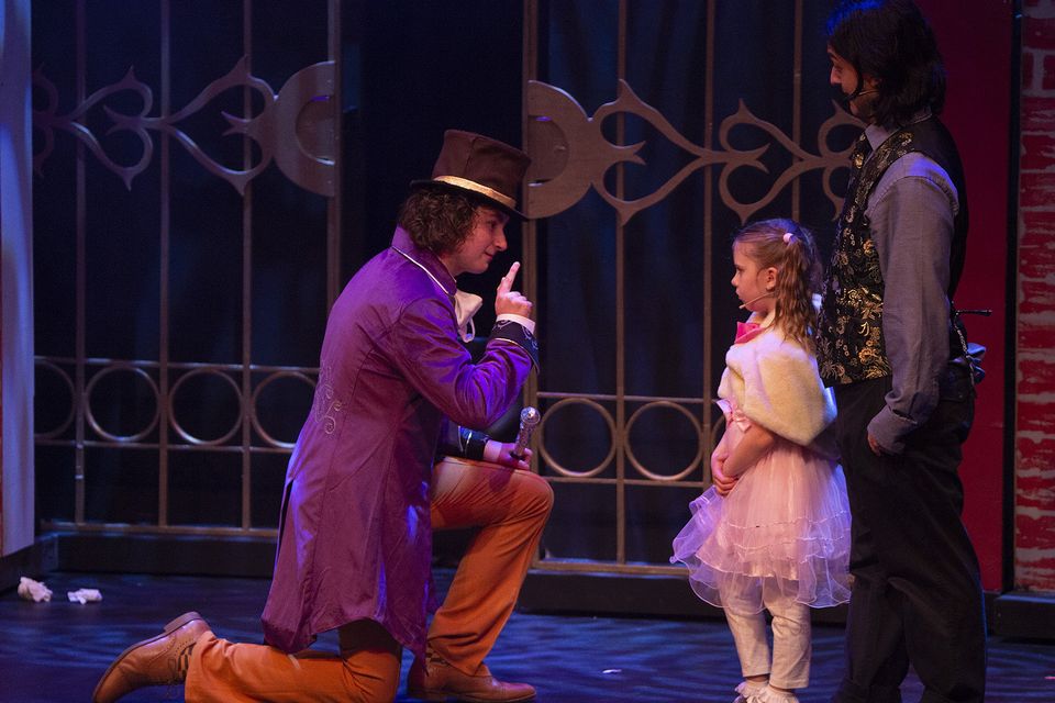 Willy Wonka (Dylan Byrne), Veruca Salt (Elisa Barry) and Mr Salt (Lapo Olival) during Innovations Theatre School's Charlie and the Chocolate Factory in Gorey Little Theatre on Saturday evening. Photo: Jim Campbell