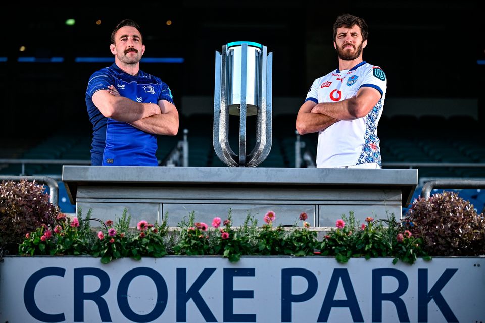 Jack Conan of Leinster and Ruan Nortje of Vodacom Bulls in attendance for the URC Grand Final Captain's Photocall at Croke Park in Dublin. Photo by David Fitzgerald/Sportsfile