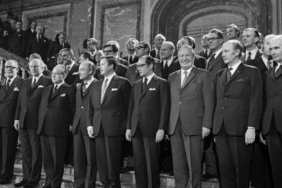 United front: A group photo taken on January 22, 1972 at the signing by Ireland, Denmark, Norway and the UK of the Treaties of accession to the EEC in Brussels. Former Taoiseach Jack Lynch is front row, second from right.  Photo: Getty Images