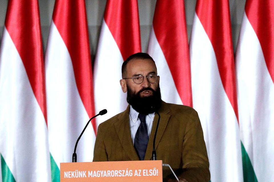 Jozsef Szajer, senior member of ruling Fidesz party delivers his speech during the party's campaign  ahead of the European Parliament elections in Budapest, Hungary April 5, 2019. Picture taken April 5, 2019. REUTERS/Bernadett Szabo