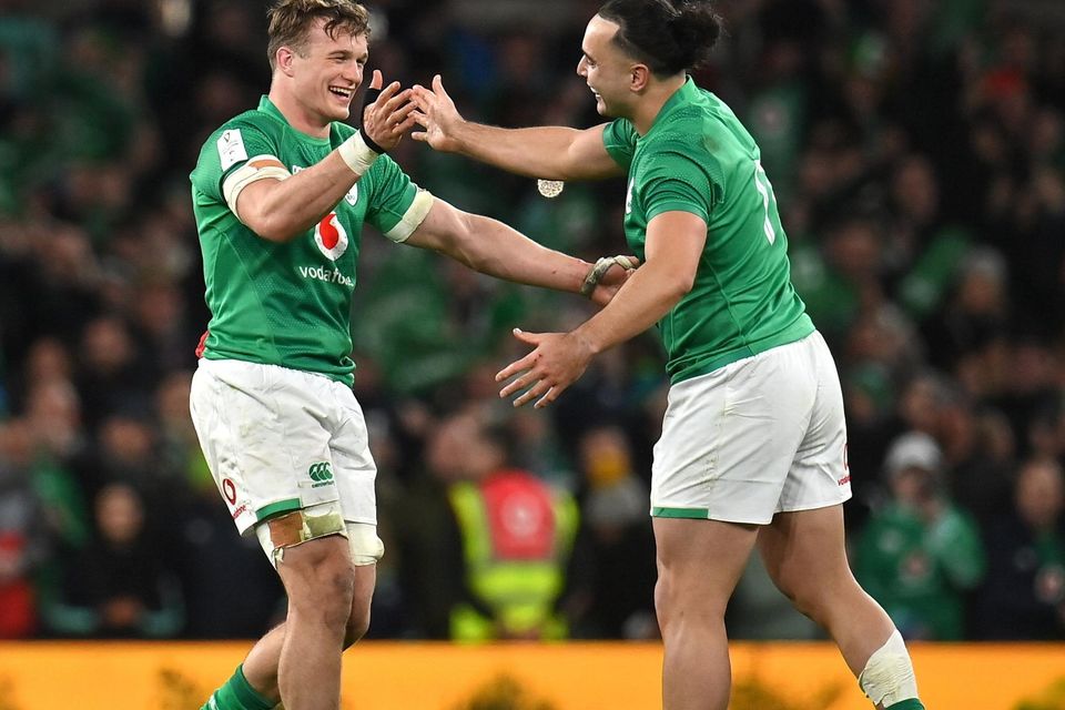 Josh van der Flier and James Lowe celebrate after their side's victory in the Guinness Six Nations Rugby Championship match between Ireland and England at the Aviva Stadium in Dublin.